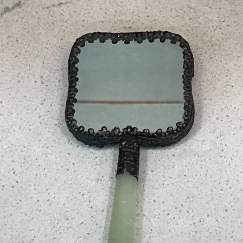 Vtg Chinese Hand Mirror Rounded Corner Squircle W/ Jade Handle & Porcelain Back